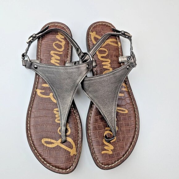 Sam Edelman 9M Greta Light Gold Metallic Leather T Strap Flat Sandals - Picture 1 of 6